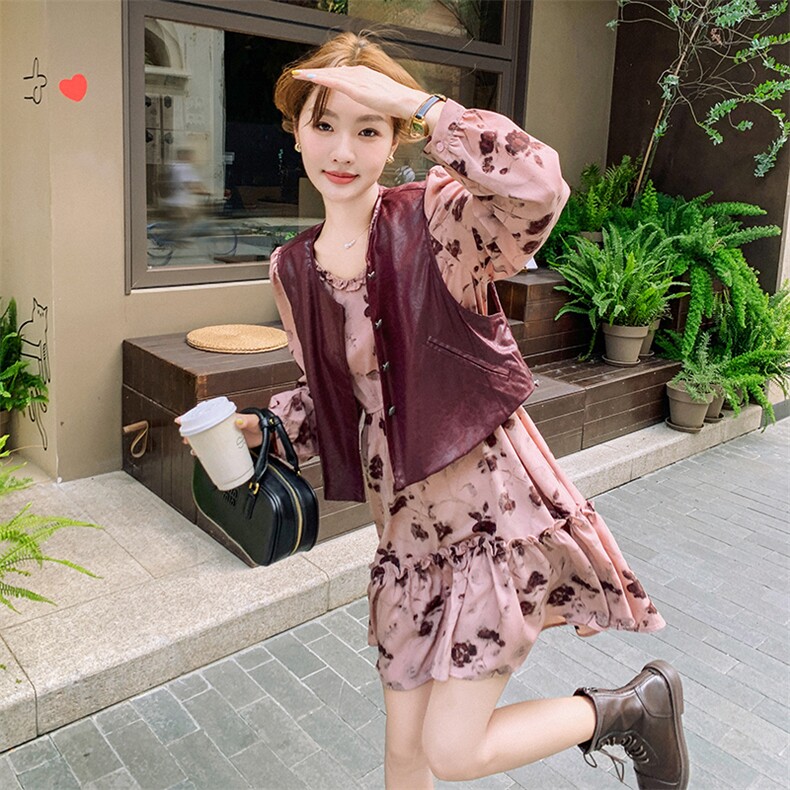 24秋新安哥拉红PU皮马甲+玫瑰花连衣裙两件套2C239-SS20-P160K238,女装套装/套裙,2C239