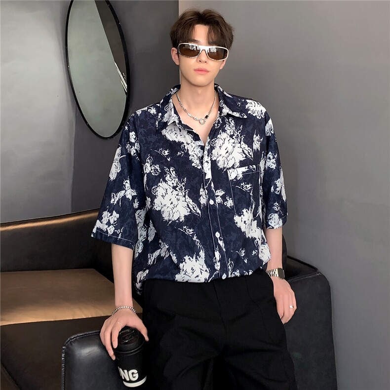 港风复古花卉满印夏季衬衫短袖沙滩男女同款休闲街头日系CS31-p26，男装衬衫，电商C307