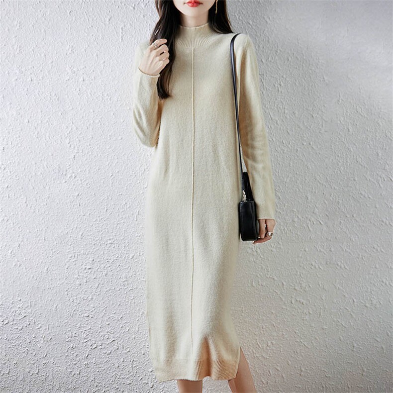 2025秋冬新款半高领针织连衣裙女100%羊毛衫裙宽松中长款毛衣裙，女装蕾丝衫/雪纺衫，暖绒情旗舰店