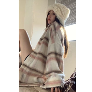 长袖衬衫毛绒绒宽松百搭时尚舒适慵懒风开衫条纹毛衣女百搭上衣冬图片