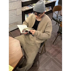 秋冬新款开衫毛衣美式复古休闲慵懒风针织衫男纯色外套图片