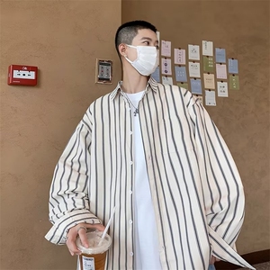 条纹长袖衬衫男夏季新款日系复古青少年学生休闲衬衣外套~S30038图片