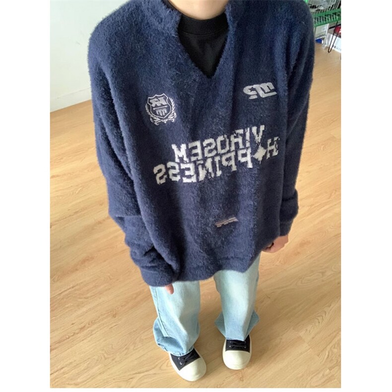 刺绣条纹水貂毛圆领毛衣男女松弛感慵懒风套头针织衫潮流MY9231,男装针织衫/毛衣,星座516A