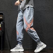 2021春季新日系大码男美式休闲交叉束脚拼接九分牛仔裤N8017-P55，男装牛仔裤，电商A001