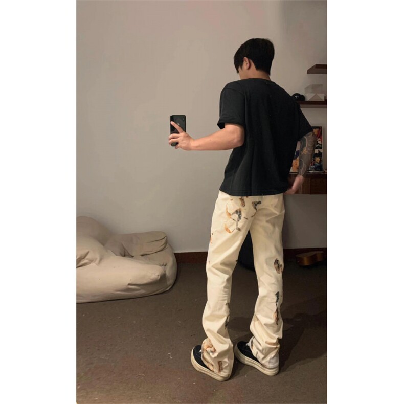 【有货】火焰蕾丝微喇白色牛仔裤男美式高街vibe裤子B07WW-特P50,男装牛仔裤,星座1007（原301D）