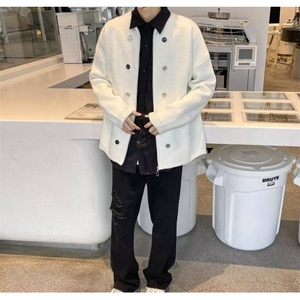 ins美式复古设计感开衫白色毛衣男秋季休闲百搭情侣装针织衫外套图片