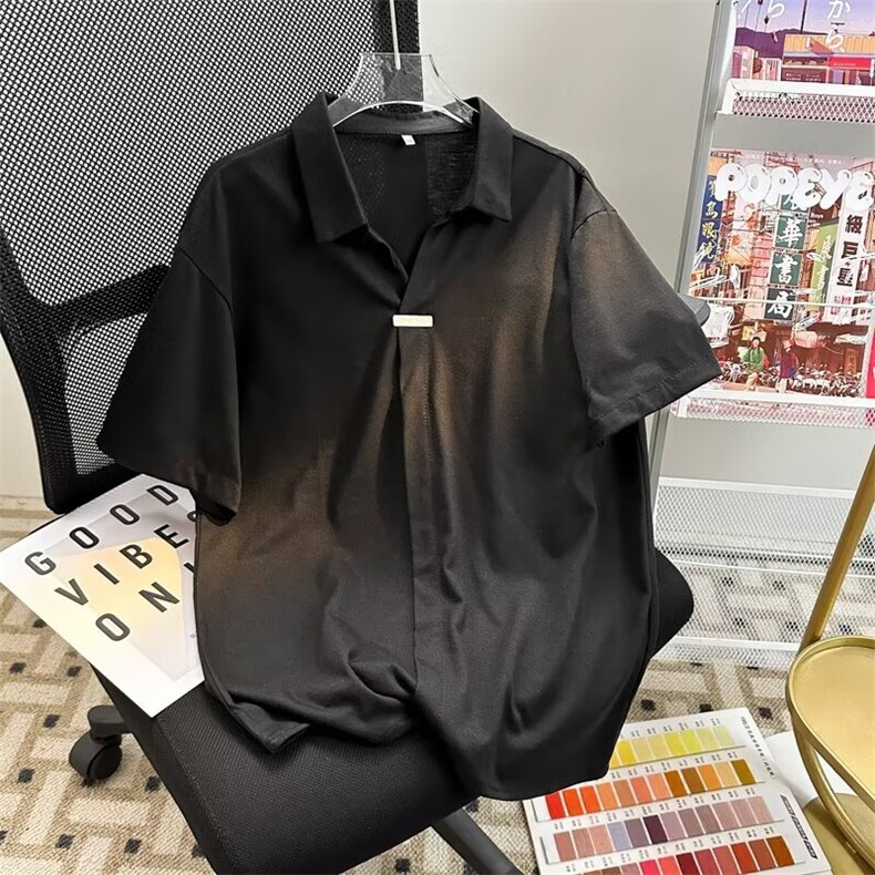 港风夏款男短袖衬衫内扣贴标宽松五分袖衬衣CS177 P35图片