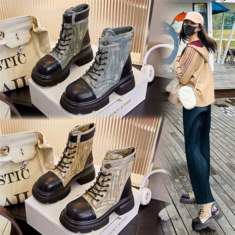 真皮马丁靴女2023秋季新款破洞牛仔靴粗跟靴子女休闲女靴厚底短靴，女鞋马丁靴，电商A223