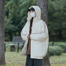 冬季港风三条杠撞色连帽棉衣加绒加厚拼色加厚棉衣外套MY6088P90，男装棉衣，电商A128