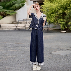 设计感小众牛仔套装女2025夏季新款蕾丝上衣拼接阔腿裤两件套