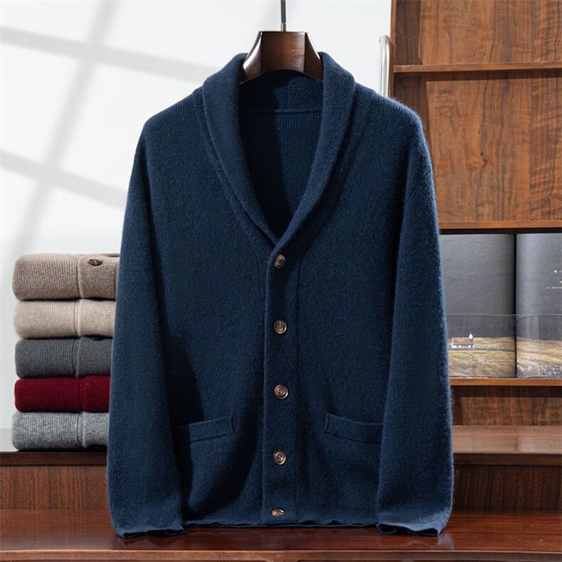 V领开衫毛衣男士秋冬新款休闲宽松单排扣羊绒衫男装，男装羊绒开衫，雪真羊绒高端店