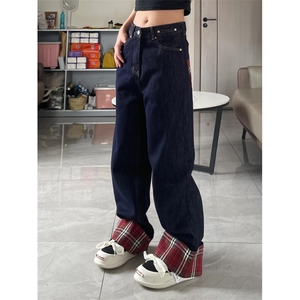 【网图有货】美式格子拼接卷边牛仔裤男女阔腿裤子NZ011CC-特P48图片