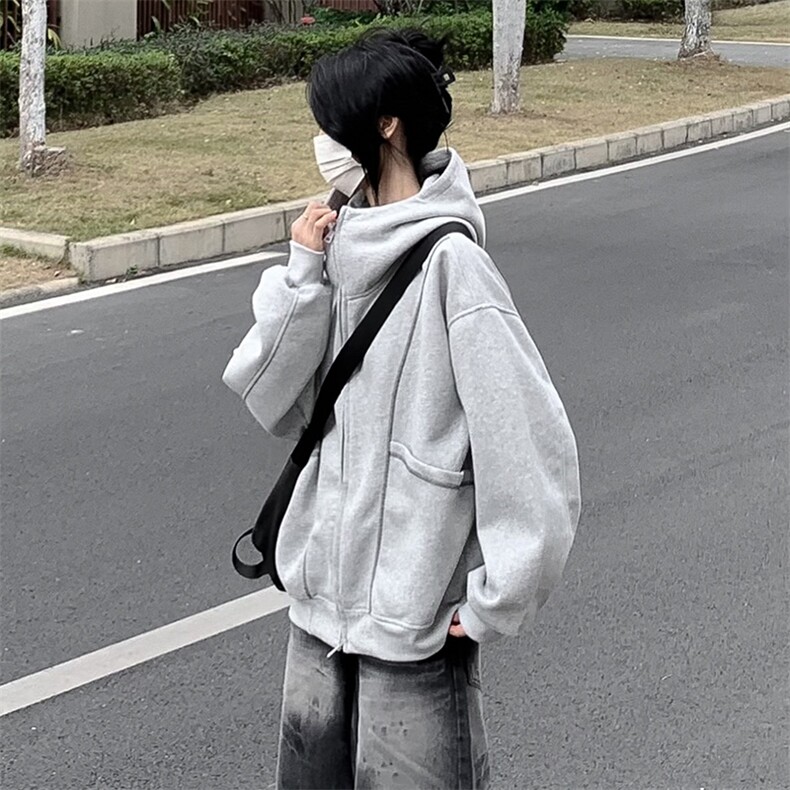 抖音得物高品质秋冬美式高街重磅结构辑明线纹理连帽卫衣外套W111,男装卫衣,电商A486
