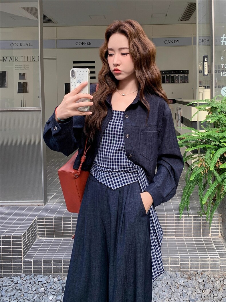 盐系轻熟御姐风套装深蓝色牛仔外套格子抹胸裤子三件套秋,女装套装/套裙,2C289