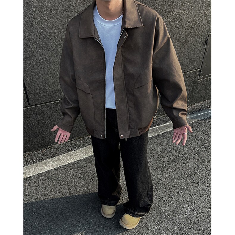春秋外景复古休闲做旧皮衣翻领外套男潮宽松情侣机车夹克J01/P100图片