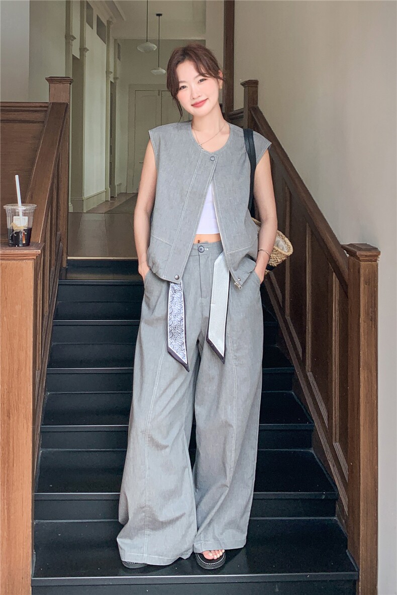 现货主推！2026春夏韩版马甲外套+丝带阔腿裤休闲套装P195-K290,女装套装/套裙,网红馆