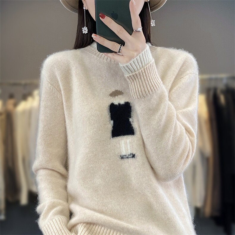 秋冬新款100%羊绒衫女双领拼色绣花毛衣宽松显瘦加厚羊毛针织打底,女装羊毛衫,蒙特羊绒