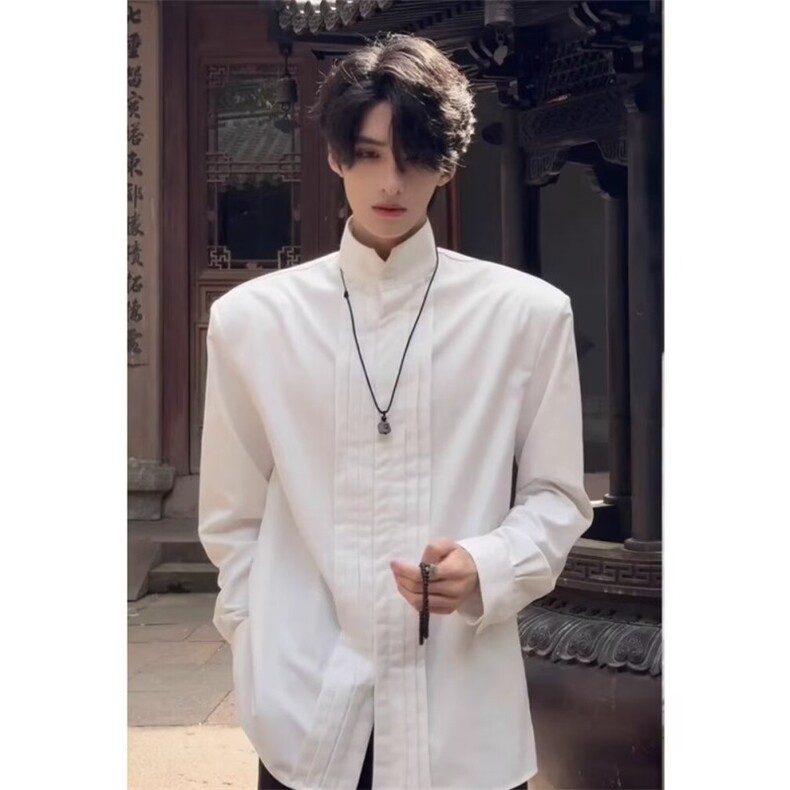 新中式男装风宫廷垫肩衬衫男中山唐装汉服长袖衬衣 C0153图片
