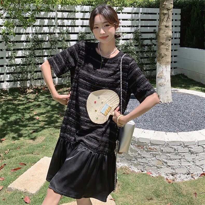 韩版显瘦高级感圆领连衣裙女2025年夏季新款减龄黑色泡泡袖A字裙,女装连衣裙,2C271