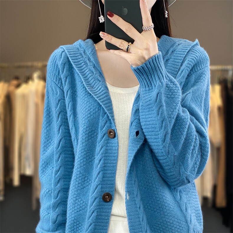 新款帽衫100%纯羊毛针织连帽开衫女秋冬外套羊绒短款毛衣宽松外搭,女装羊毛衫,蒙特羊绒
