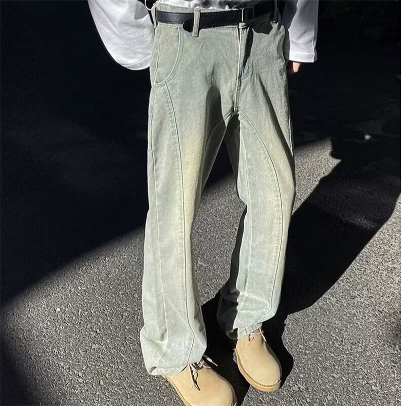 拼接复古高街牛仔裤男夏季美式痞帅高级感裤子高个子弯刀微喇裤潮,男装牛仔裤,星座218-1（原230）