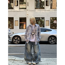 didiyaa春季美式复古徽章印花格子长袖衬衫百搭宽松男女，男装衬衫，星座218-1（原230）