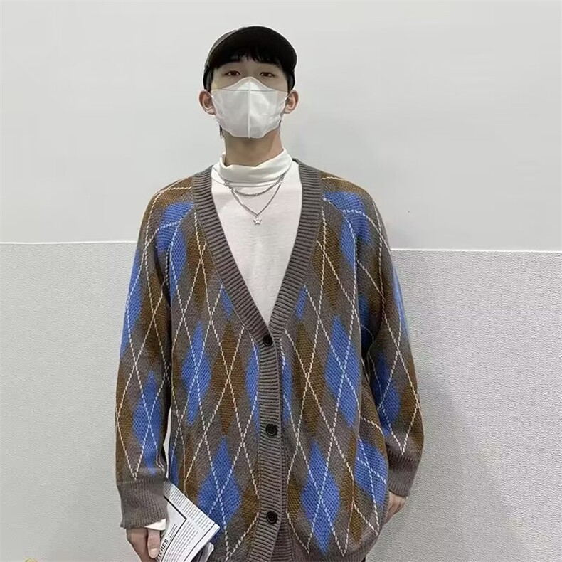 菱形格子毛衣男秋冬季港风复古ins潮流宽松V领M5516-P45,男装针织衫/毛衣,星座1109-3