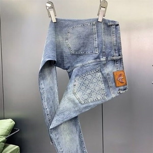 春季潮牌高端修身牛仔裤子男青美式流行弹力印花小脚九分裤图片