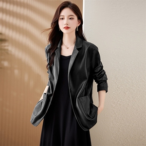 PU皮修身西服外套新款真皮皮衣女植鞣油蜡皮做旧复古皮夹克图片