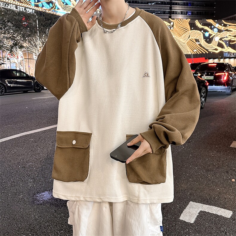 秋款男圆领套头卫衣工装大口袋华夫格贴标拼色T恤外套WY023P50,男装卫衣,星座1013-1