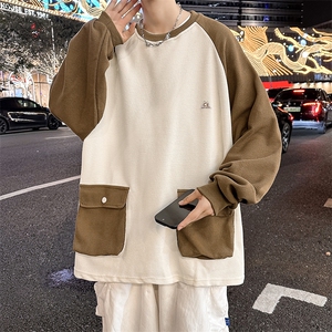 秋款男圆领套头卫衣工装大口袋华夫格贴标拼色T恤外套WY023 P50图片