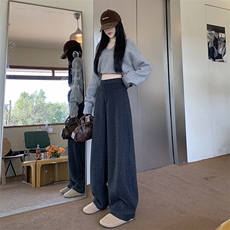 AK2460-P50灰色女秋冬季加厚直筒阔腿裤休闲380g毛呢镰刀裤，女装休闲裤，星座617A-2
