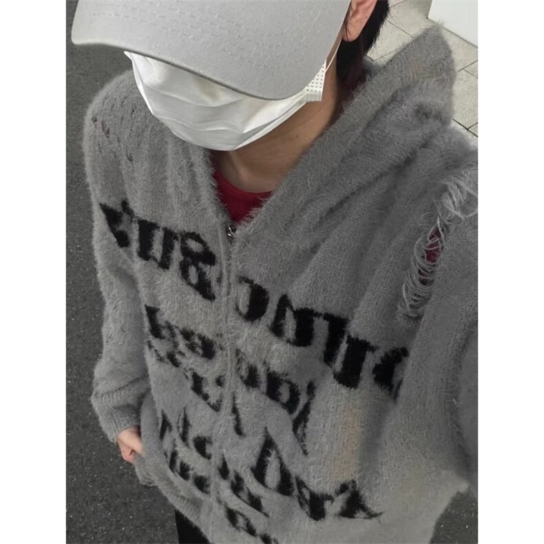 字母提花开衫毛衣男女连帽衫街头痞帅嘻哈破洞针织衫高街外套MY06,男装针织衫/毛衣,星座516A