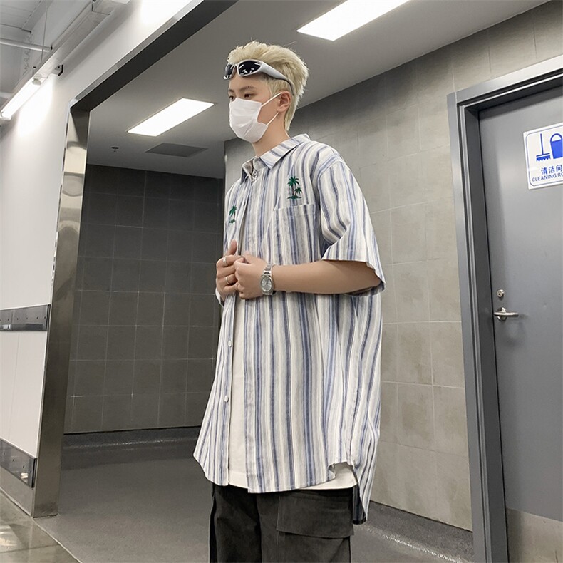 F324-P36夏季新款日系条纹短袖衬衫男潮牌百搭半袖衬衣外套现货,男装衬衫,星座512-6
