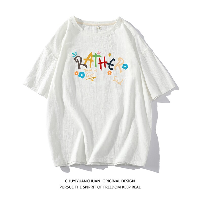 亚麻短袖t恤男大码五分袖男宽松七分袖 白底YT26301-P30图片