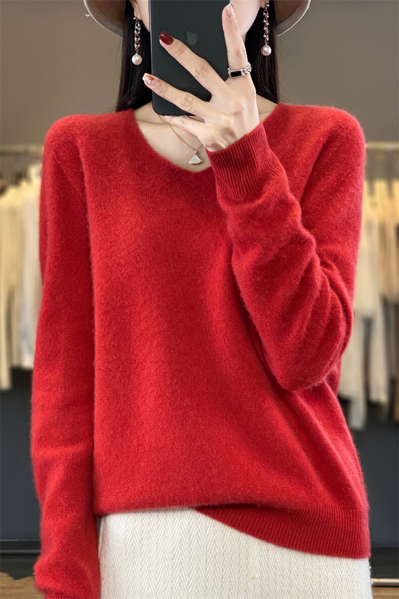 秋季新款羊毛衫女V领毛衣女套头宽松短款外穿,女装羊毛衫,北娇羊绒
