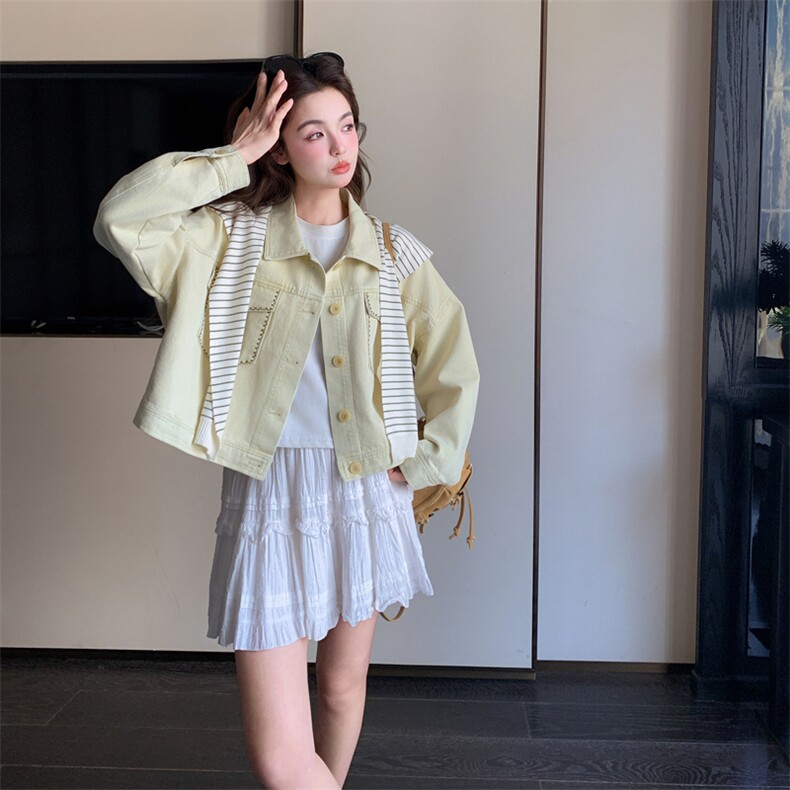 2B081-7706-p160-K238韩系条纹针织披肩长袖牛仔上衣2026春季新款,女装短外套,韩蜜菓
