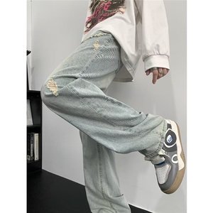 冰丝牛仔裤男夏季薄款美式高街vibe水洗破洞潮牌宽松直筒休闲长裤图片