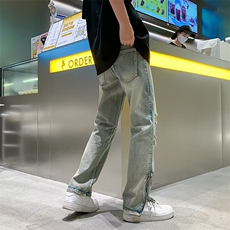 vibe高街破洞牛仔裤男直筒夏季美式潮ins拉链开叉裤子男MN78-P49，男装牛仔裤，星座1008-1