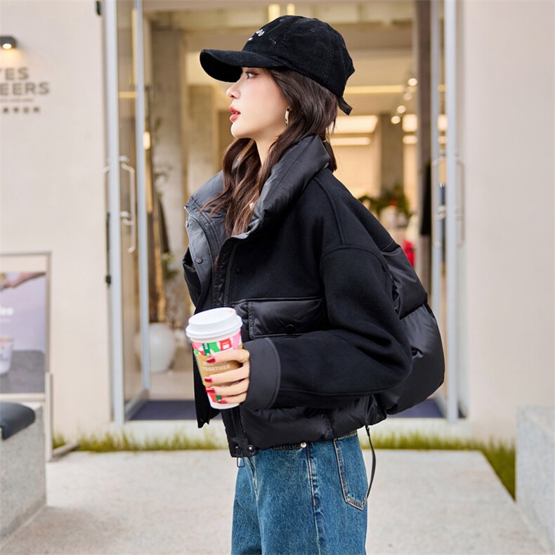 立领毛呢拼接白鸭绒羽绒服女2025冬季时尚短外套大翻领,女装羽绒服,梦懿尔