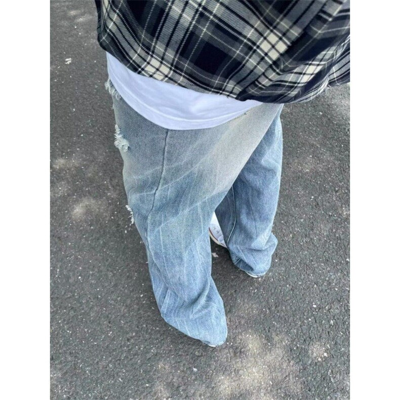 夏季破洞牛仔裤男美式vibe风裤子cleanfit弯刀微喇裤LN80322-P47,男装牛仔裤,星座1008