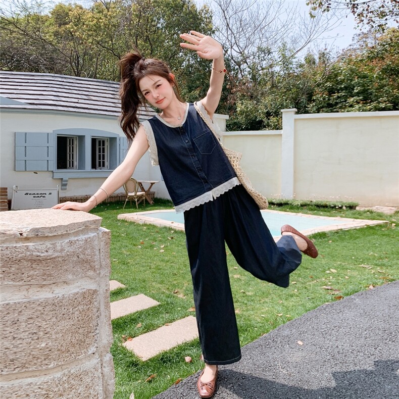 蕾丝拼接牛仔马甲阔腿裤套装女夏2025新款韩系高级感超好看两件套,女装套装/套裙,2C283