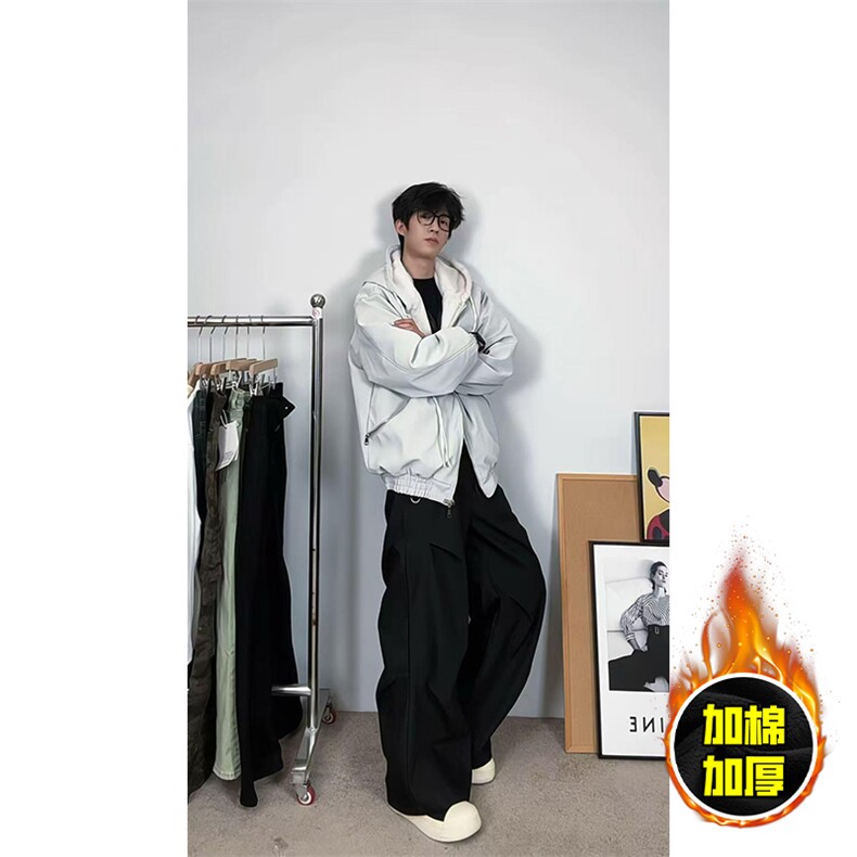 现货高品质美式高街重磅座山雕连帽pu皮棉衣男女加厚毛毛绒冬外套，男装皮衣，电商A486-1