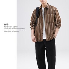 秋季工装长袖衬衫男日系复古条纹衬衣青年宽松韩版上衣外套潮，男装衬衫，星座1210-1