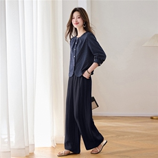 轻熟小众不撞款套装2026春夏新款巨好看长袖格子衬衫亚麻裤两件套，女装套装/套裙，涵誉