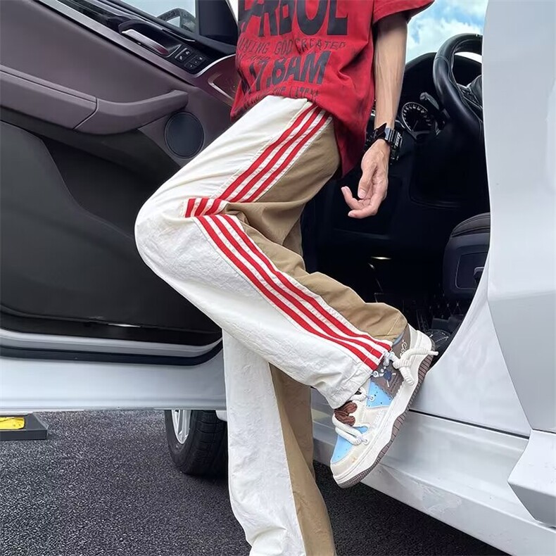 裤子男夏季薄款侧边条纹速干降落伞裤高街潮牌痞帅阔腿伐木休闲裤,男装休闲裤,星座1013