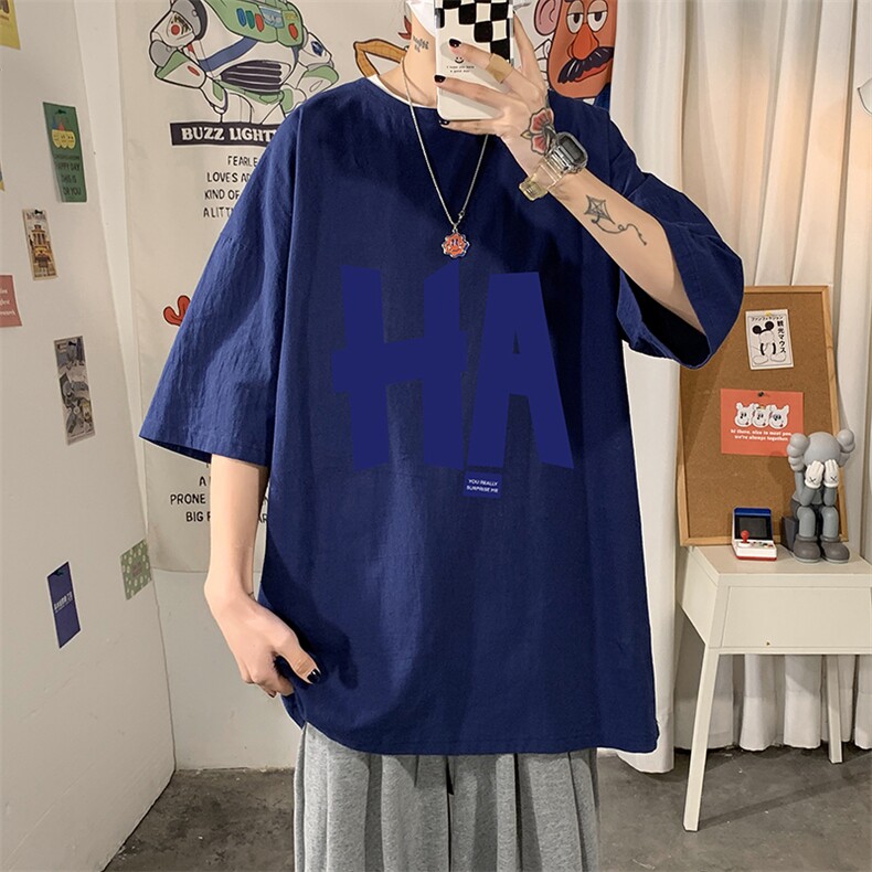 YT26258-P30亚麻短袖t恤男大码五分袖男宽松七分袖海报风，男装T恤，电商A040