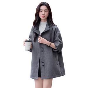 赫本风设计感灰色羊毛大衣女2025年秋冬季宽松休闲遮肚毛呢外套图片