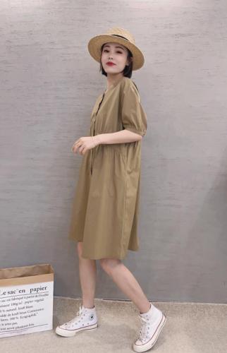 XL9917韩版夏季新款圆领宽松显瘦打褶皱单排扣中长款连衣裙,女装连衣裙,L·H·X