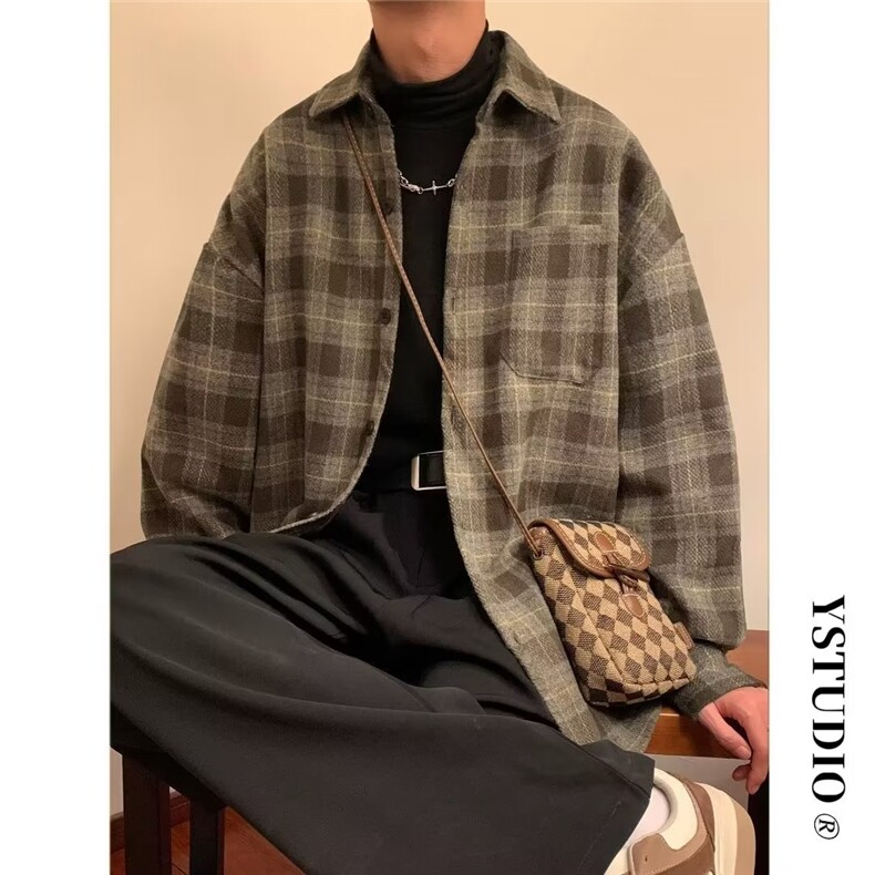 C267-P38格子衬衫男长袖港风高级感外套春秋痞帅日系上衣,男装衬衫,电商B323A
